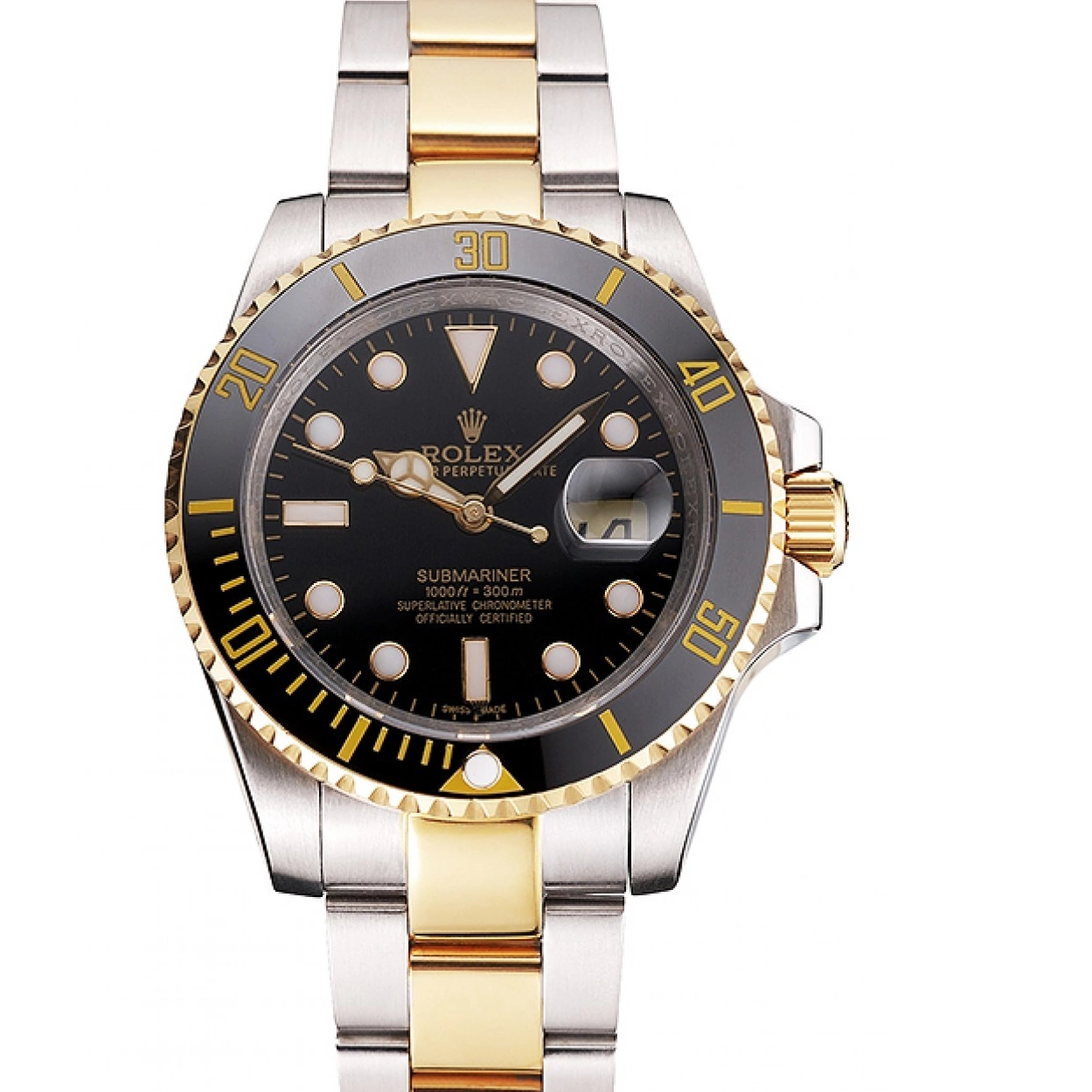 Aaa fake watches And Bracelet Swiss Submariner Gold Dial Steel Tone Rolex Bezel Black Two 0222