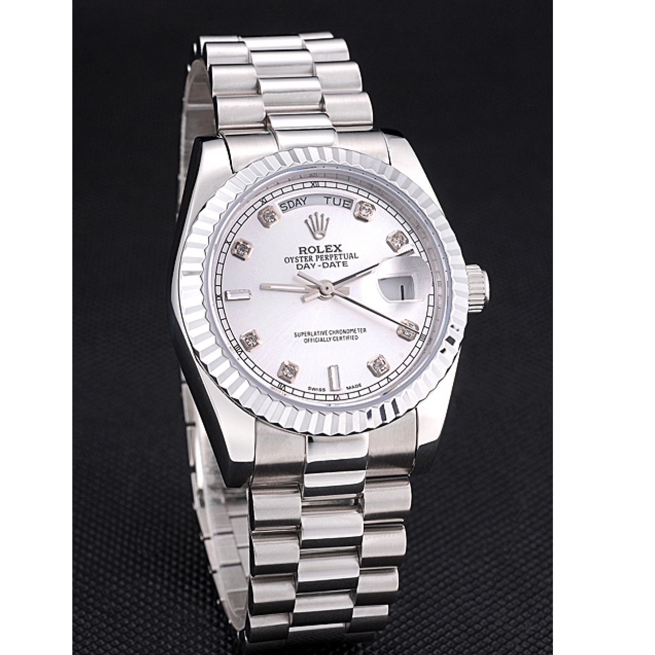 Aaa fake watches Rolex Day-Date Polished Steel Stainless Silver Dial 0210