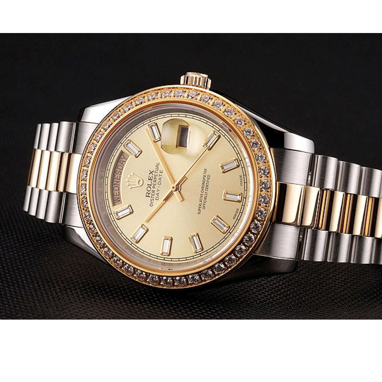 Aaa replica Day-Date Dial 1454103 Swiss Two Bracelet Rolex Bezel Tone Champagne Diamond 0219