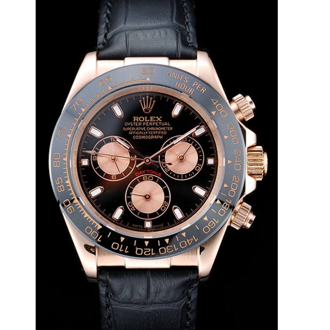 Aaa replica Strap Black Daytona Case Leather Black Rose Rolex Gold Dial 0214