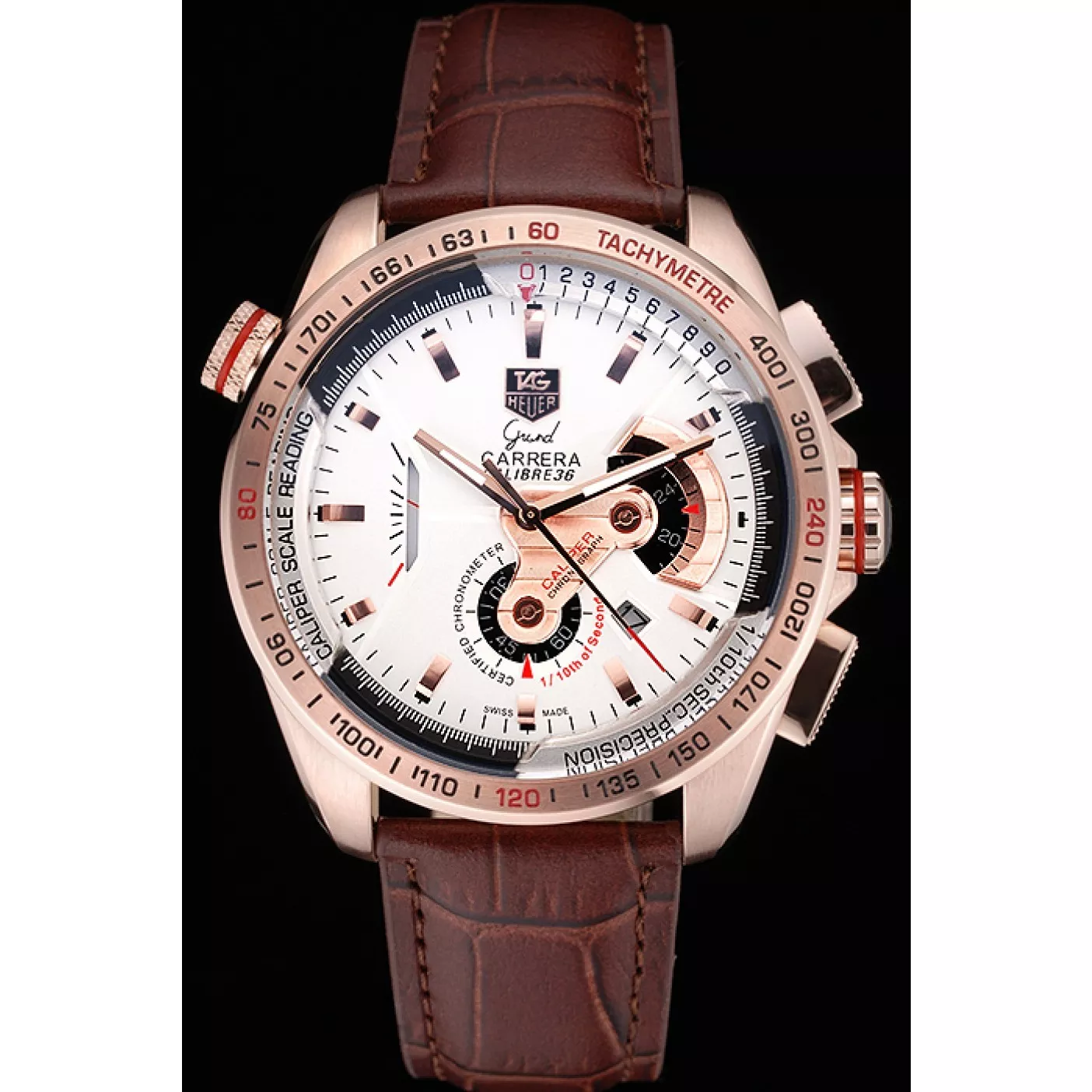 Aaa replica watch Tag Heuer Carrera Rose Gold Case White Dial Brown Leather Strap 98244 0203