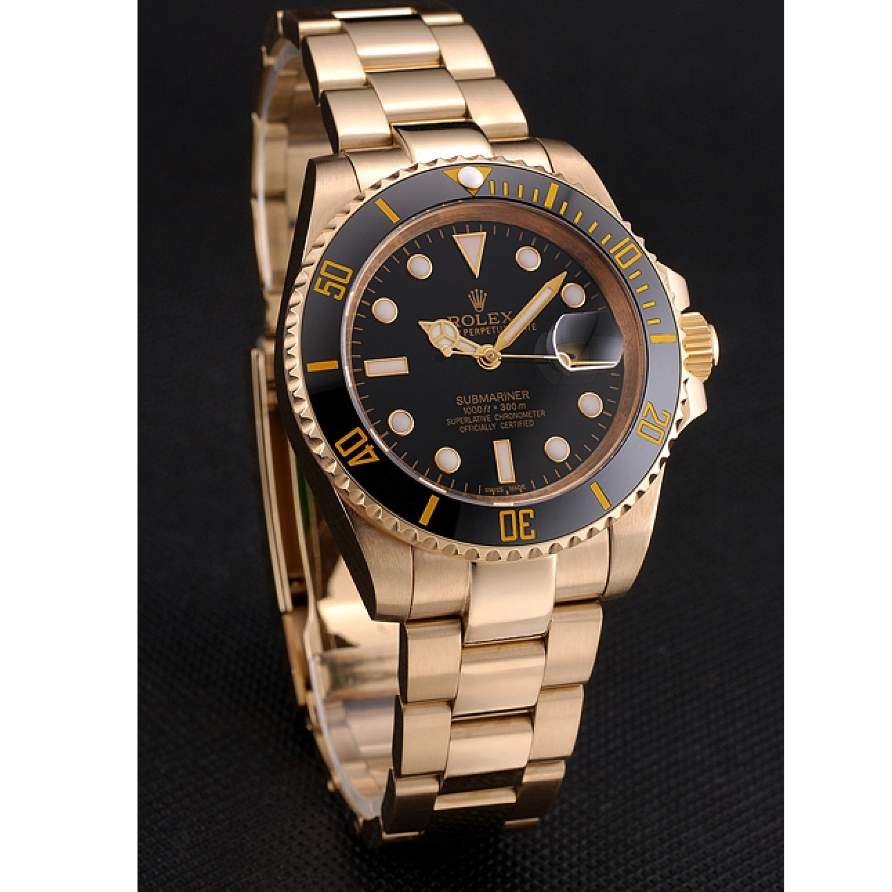 Aaa replica watch Bracelet Submariner Yellow Black Gold Bezel Rolex Swiss And Case Dial Black 0219