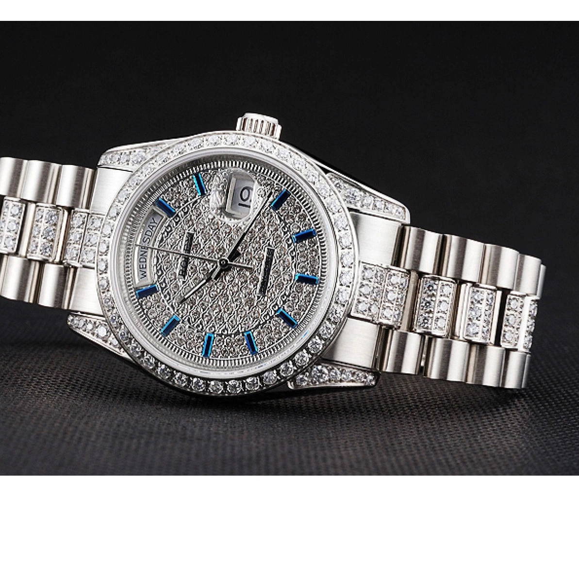 Aaa replica watch Stainless Day Dial And And Swiss Bezel Date Bracelet Steel Diamond Rolex Pave 0223