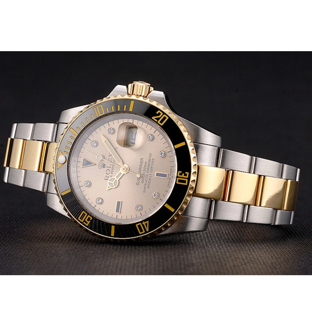 Aaa fake watches Submariner Two Steel Gold Dial Tone Rolex Swiss Markings Bracelet Diamond Black Bezel Gold 0225