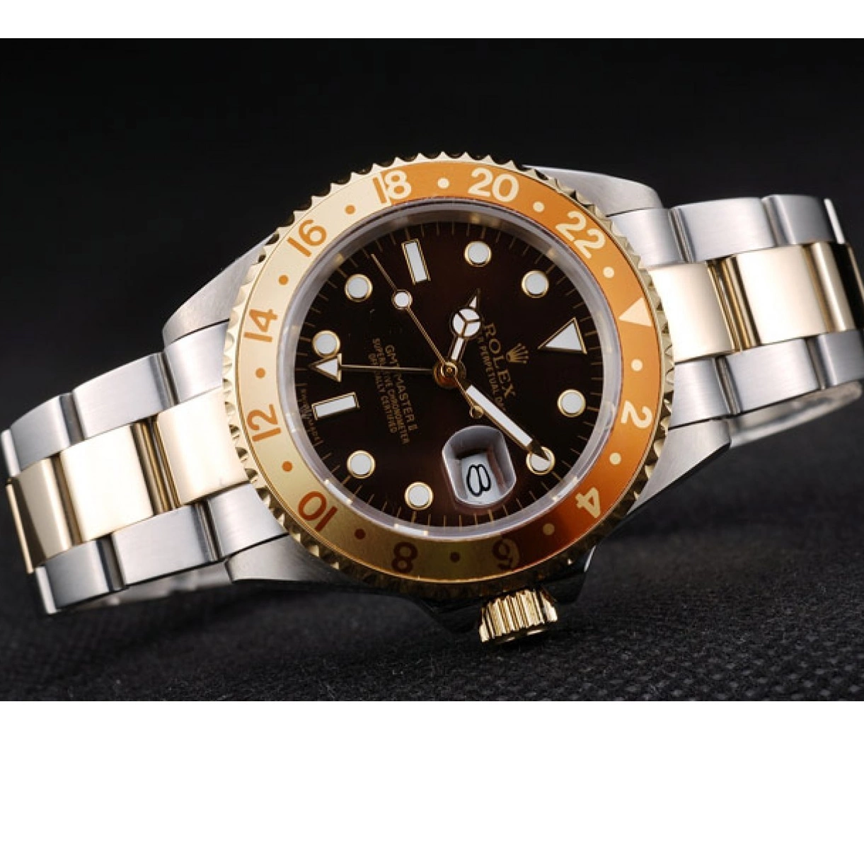 Aaa replica Master Colored Bezel Ceramic II Dial Gold GMT Rolex Watch Brown 0220