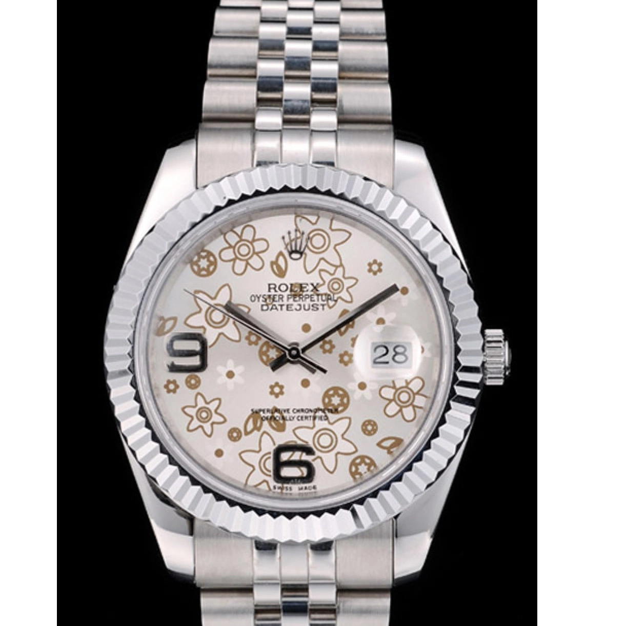 Aaa replica watch Dial Silver Bezel Stainless DateJust Ribbed Flower Swiss Steel 42001 Rolex 0214