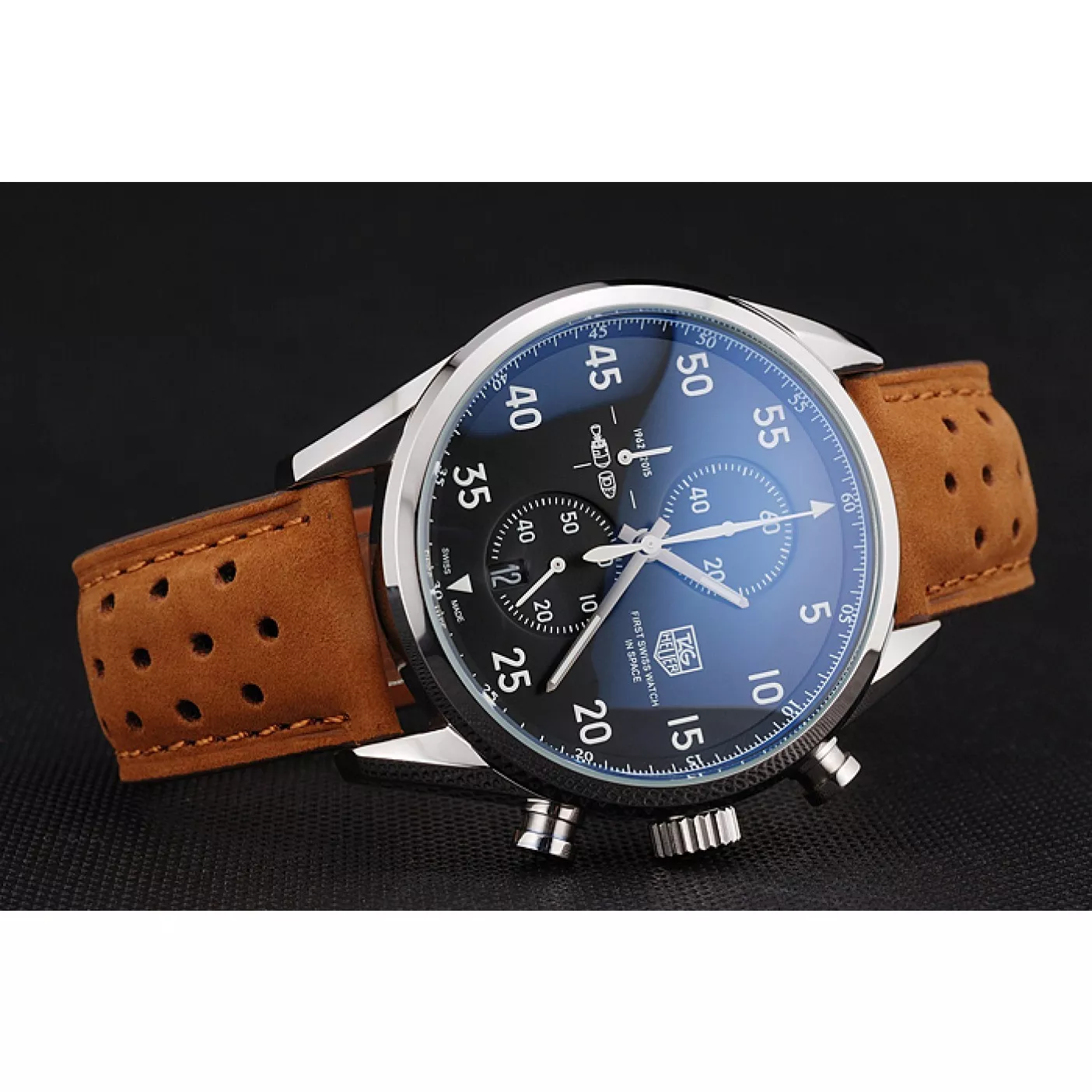 Aaa replica Tag Heuer Carrera SpaceX Silver Bezel with Black Dial and Light Brown Leather Strap tag265 621536 0206