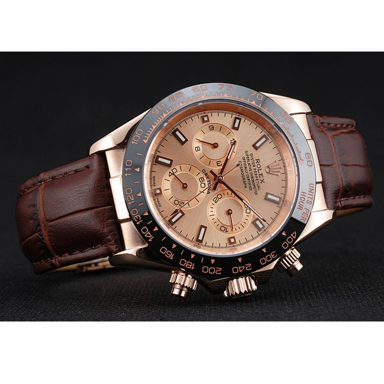 Aaa replica watch Cosmograph Brown 1454243 Bracelet Brown Case Rolex Dial Gold Rose Leather Daytona 0210