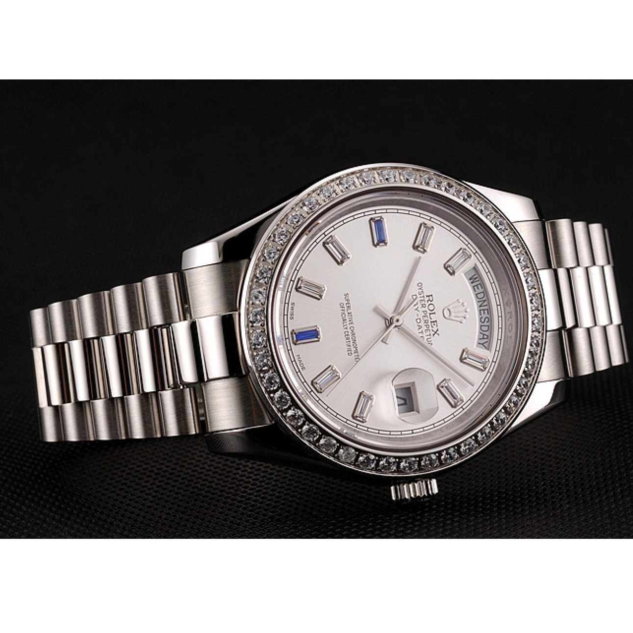 Aaa replica Staineless Rolex Bracelet 1454109 Swiss Steel Diamonds Day-Date Bezel 0209