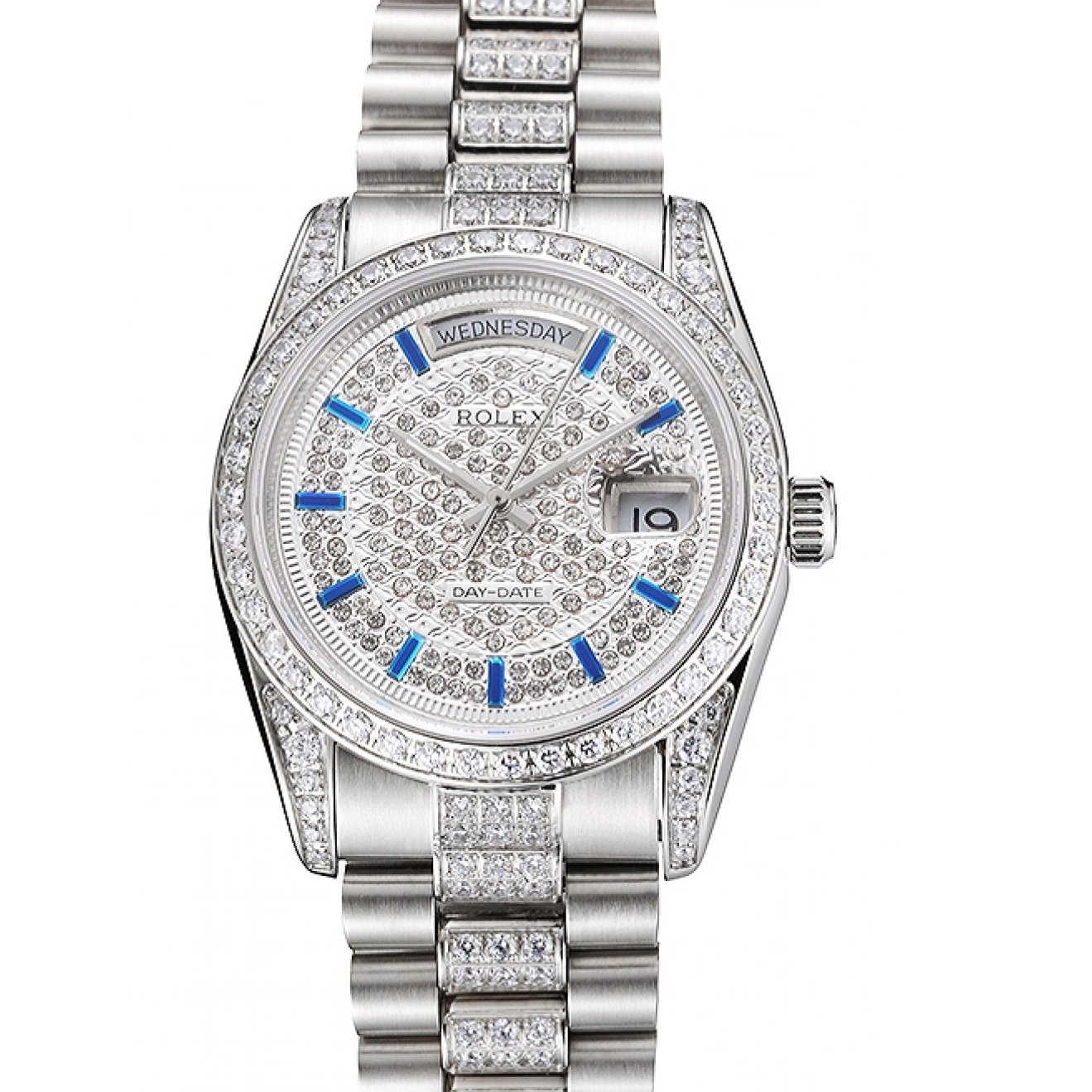 Aaa replica watch Stainless Day Dial And And Swiss Bezel Date Bracelet Steel Diamond Rolex Pave 0223