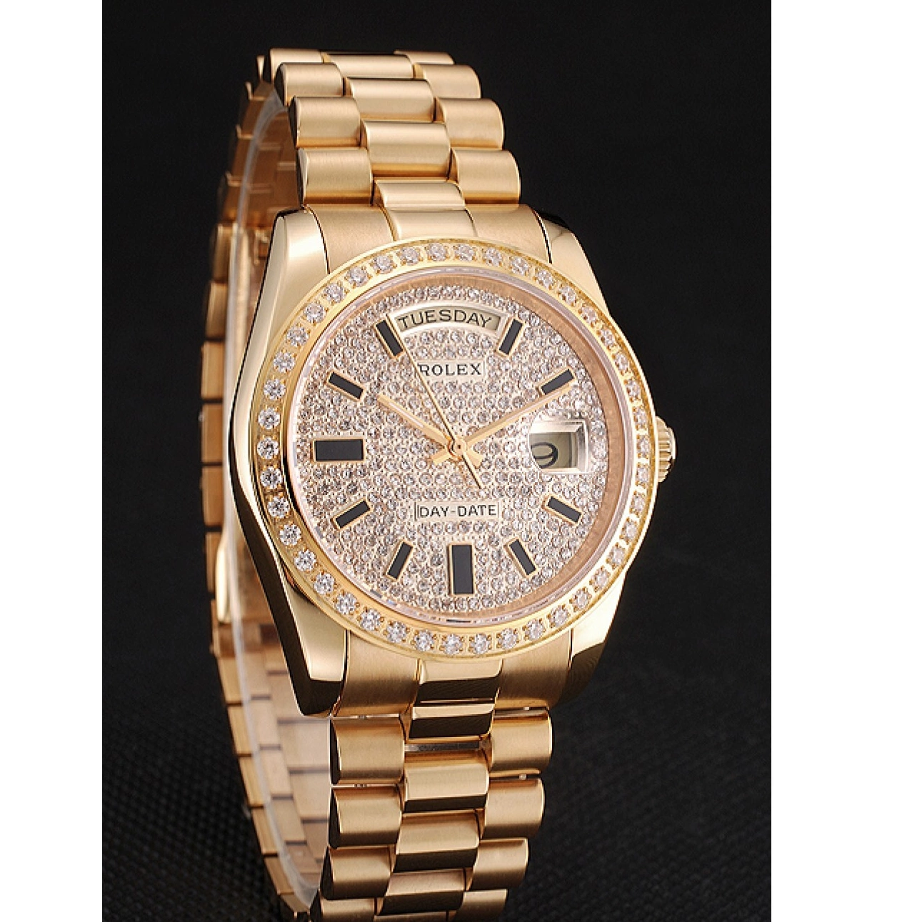 Aaa replica Gold Bracelet Date Dial Bezel Pave Day Diamond And Rolex Swiss Case And 0225