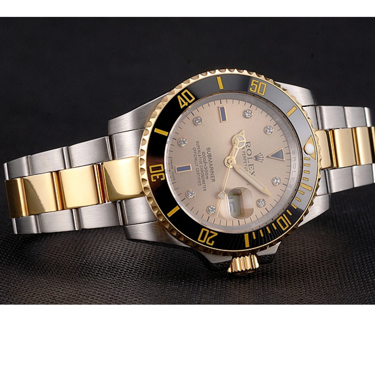 Aaa fake watches Submariner Two Steel Gold Dial Tone Rolex Swiss Markings Bracelet Diamond Black Bezel Gold 0225