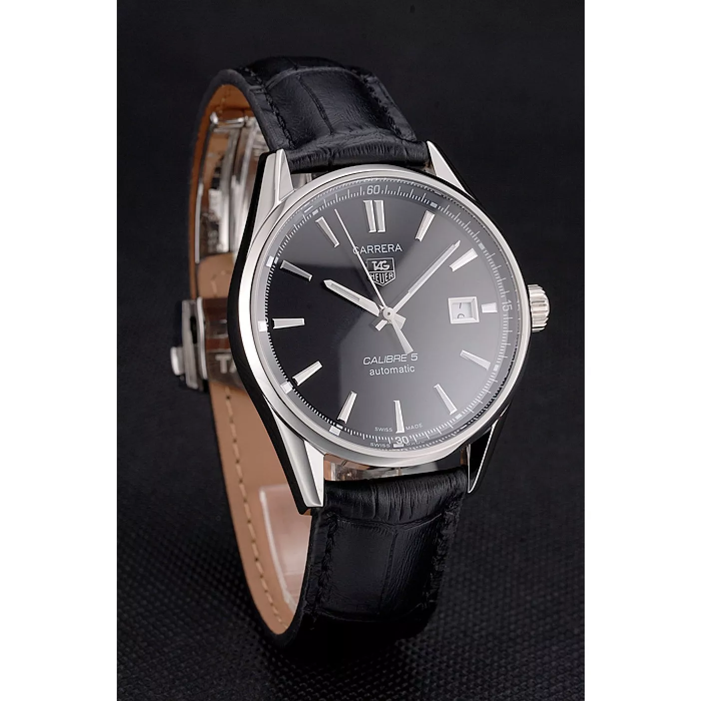 Aaa replica watch Swiss Tag Heuer Carrera Calibre 5 Black Dial Stainless Steel Case Black Leather Strap 0203