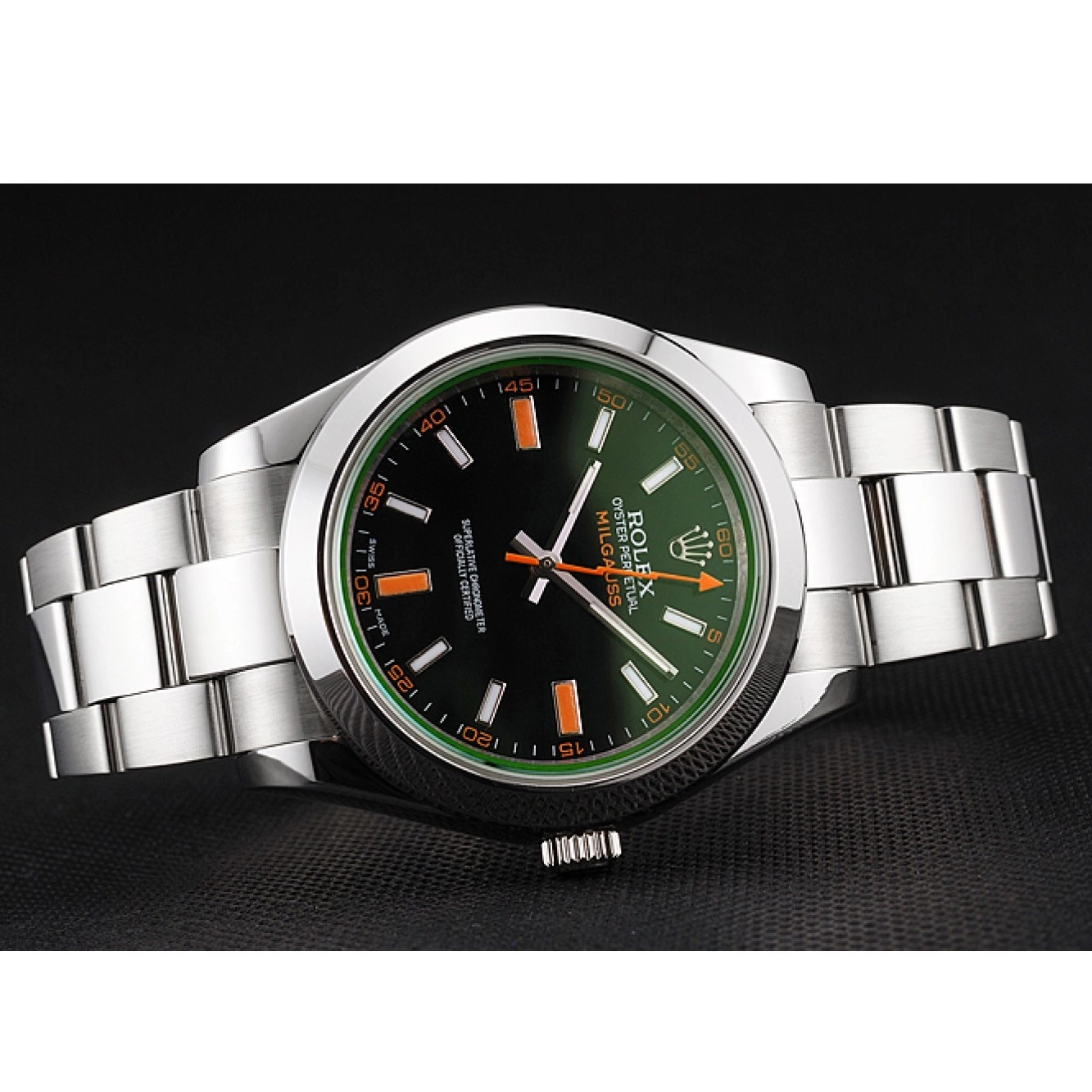 Aaa replica watch Orange And Rolex Bracelet Black Swiss Dial Steel Markings Milgauss Case Stainless 0222