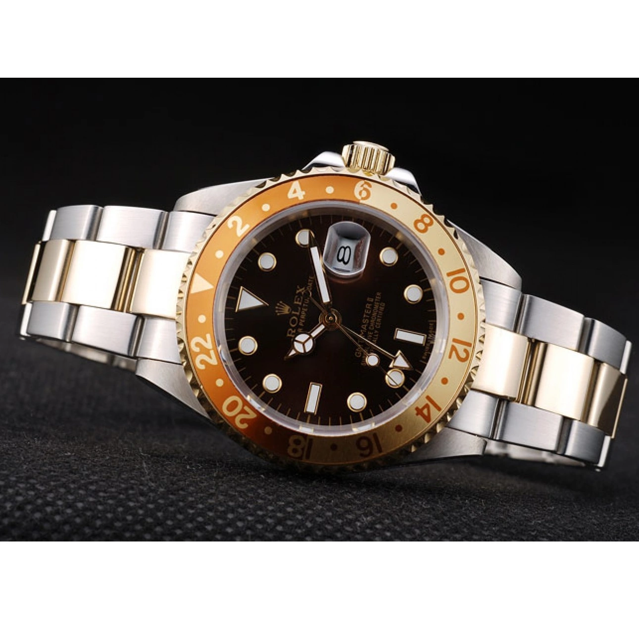 Aaa replica Master Colored Bezel Ceramic II Dial Gold GMT Rolex Watch Brown 0220