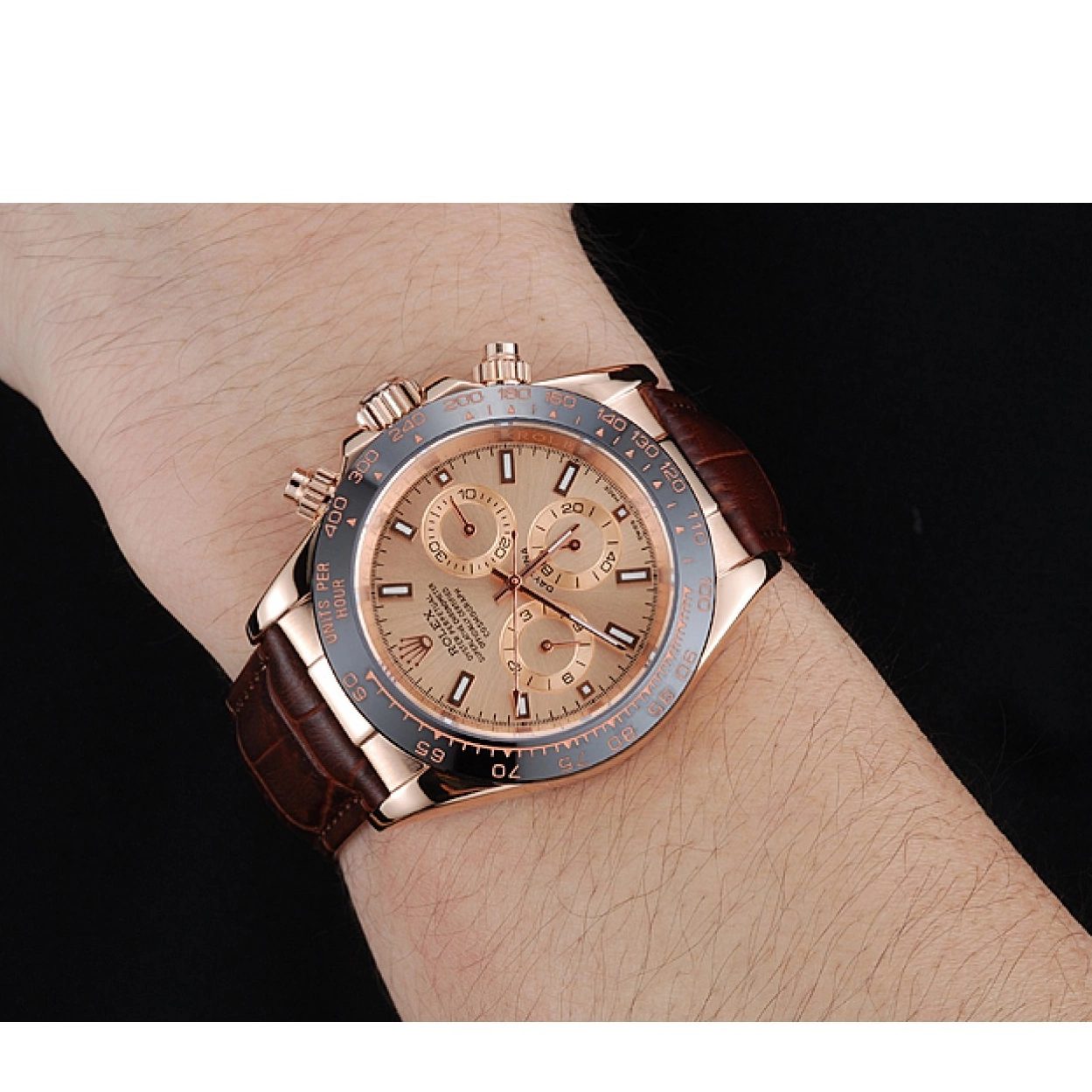 Aaa replica Case Brown Cosmograph Gold Dial Rolex 1454243 Bracelet Rose Daytona Leather Brown 0227