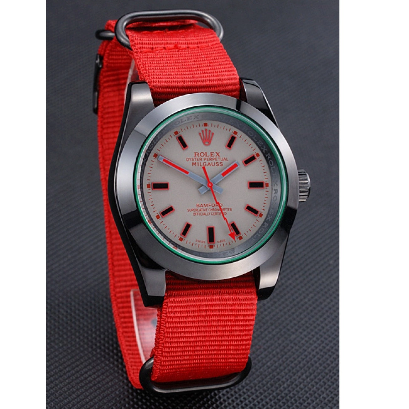 Aaa fake watches Rolex Milgauss Nylon Bamford 622002 Red Strap 0218