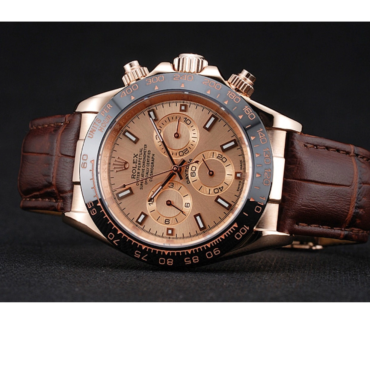 Aaa replica Case Brown Cosmograph Gold Dial Rolex 1454243 Bracelet Rose Daytona Leather Brown 0227