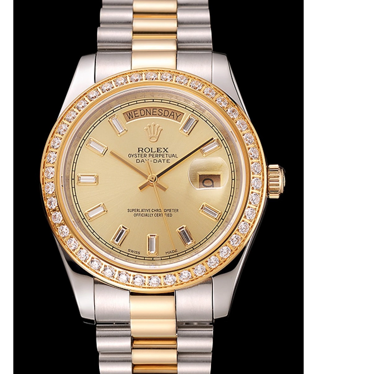 Aaa replica Day-Date Dial 1454103 Swiss Two Bracelet Rolex Bezel Tone Champagne Diamond 0219