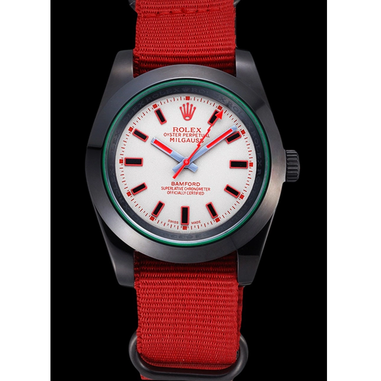 Aaa fake watches Rolex Milgauss Nylon Bamford 622002 Red Strap 0218