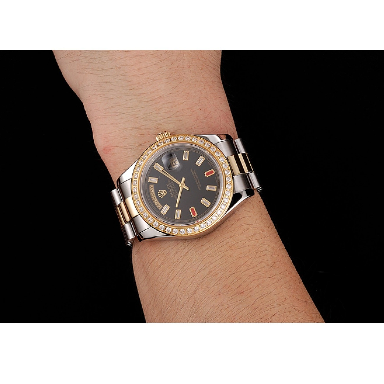 Aaa replica 1454105 Two Black Diamonds Rubies And Swiss Dial Day-Date Rolex Tone Bracelet 0221