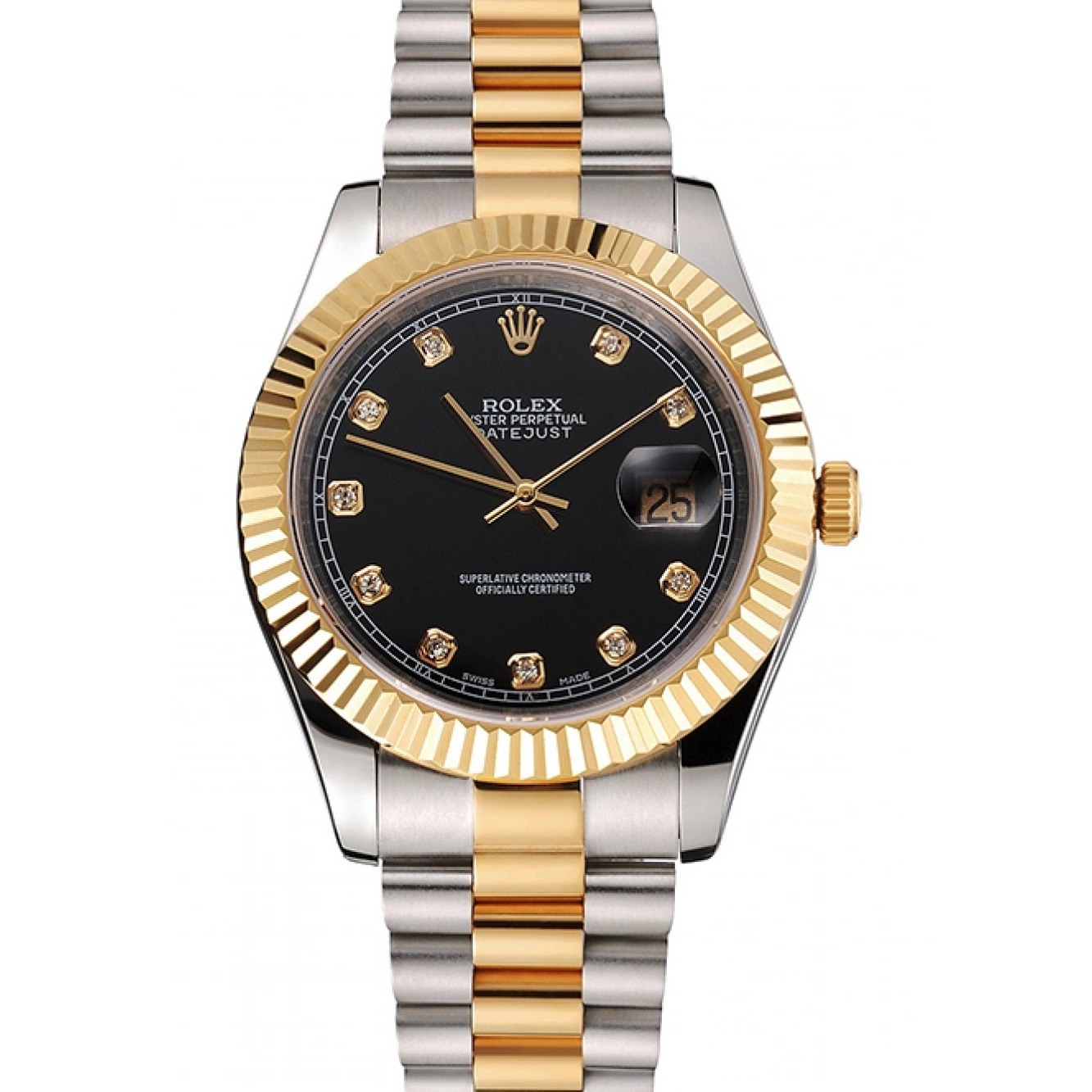 Aaa replica Black Swiss Bezel Bracelet Case Rolex Stainless Dial Gold Two Datejust Steel Tone 0219