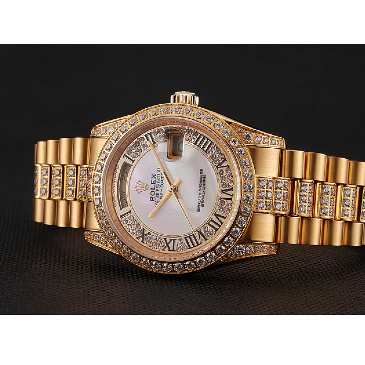 Aaa replica Diamond Rolex Day-Date Dial Diamond Bracelet Swiss White 1453958 Gold Pave 0218