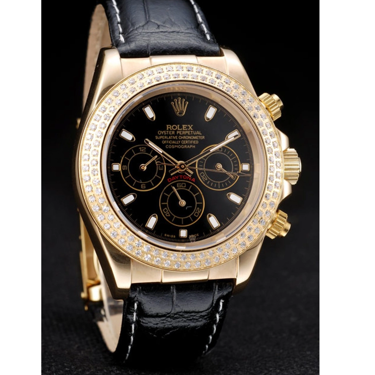 Aaa replica watch Gold Dial Daytona Black Rolex Case Studded Bezel Crystal 0210