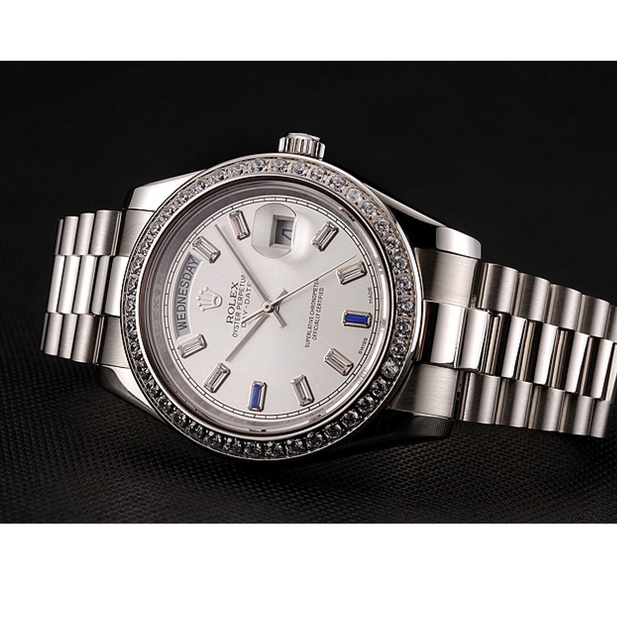 Aaa replica Staineless Rolex Bracelet 1454109 Swiss Steel Diamonds Day-Date Bezel 0209