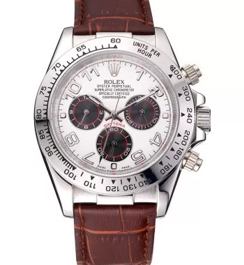 Aaa fake watches Rolex Daytona Stainless Steel Case White Dial Brown Leather Strap 0204