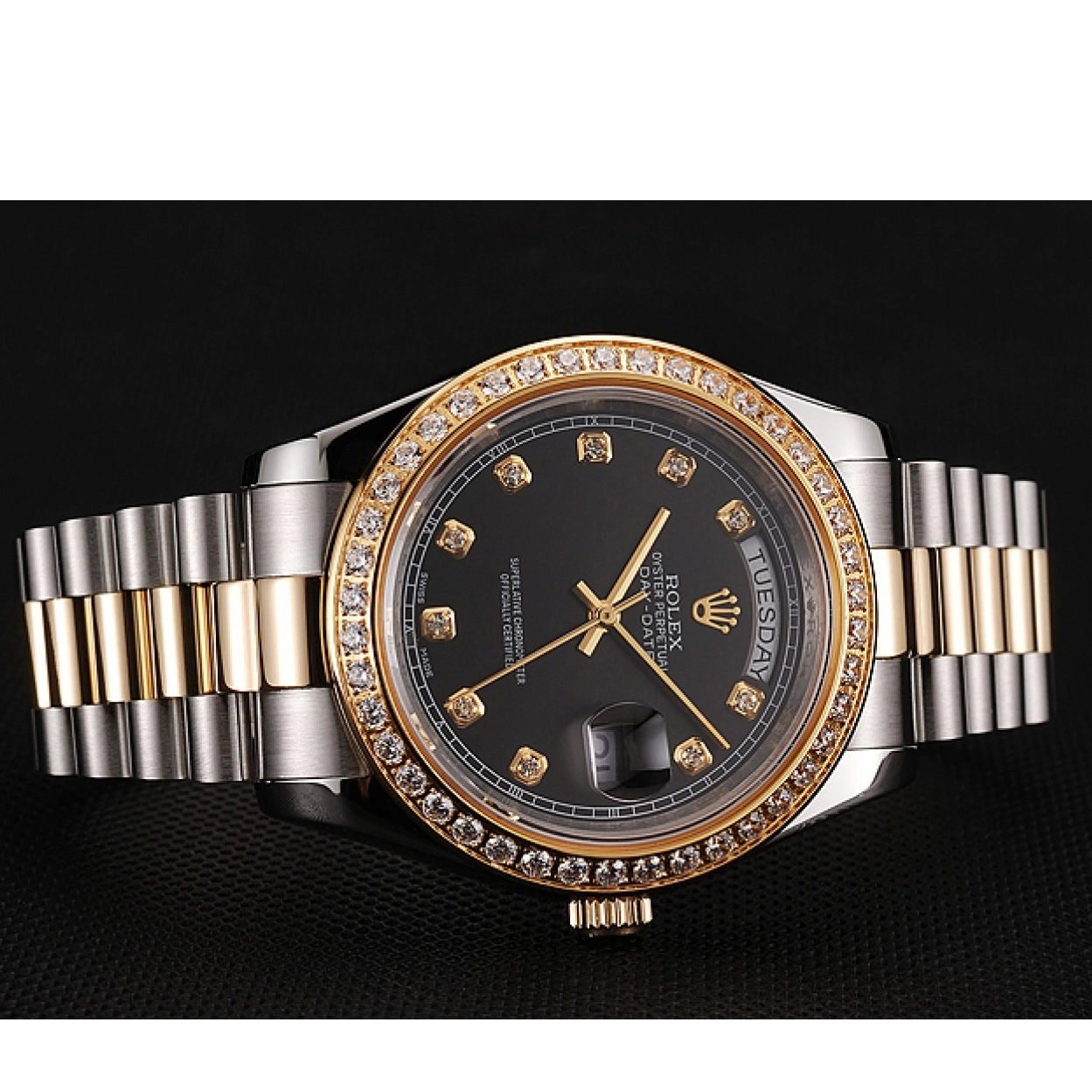 Aaa replica watch Tone 1453975 Two Dial Bracelet Gold Swiss Steel Stainless Rolex Black Diamond Day-Date Case 0218