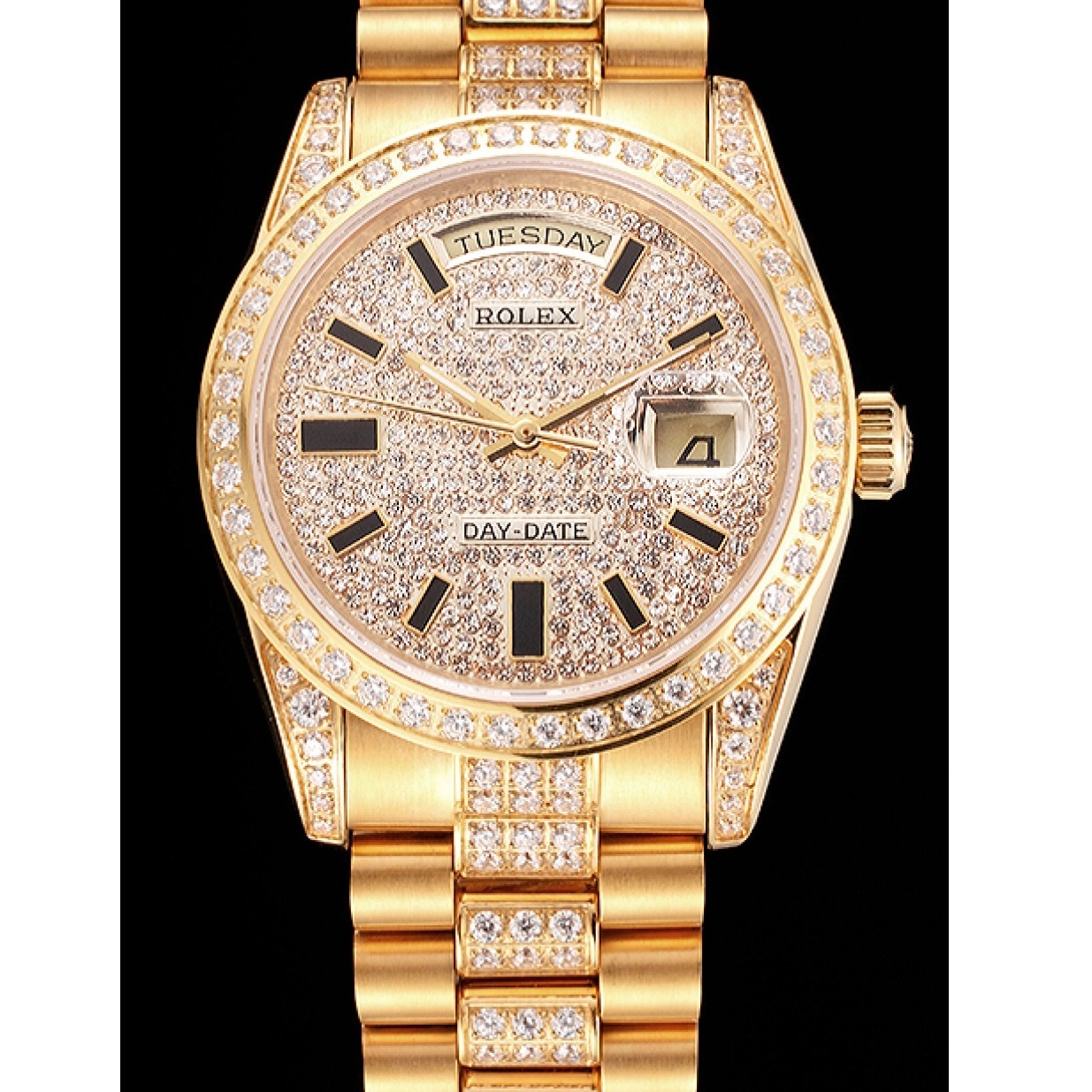 Aaa fake watches Pave Diamond Rolex Day Yellow Gold Swiss Date 0219