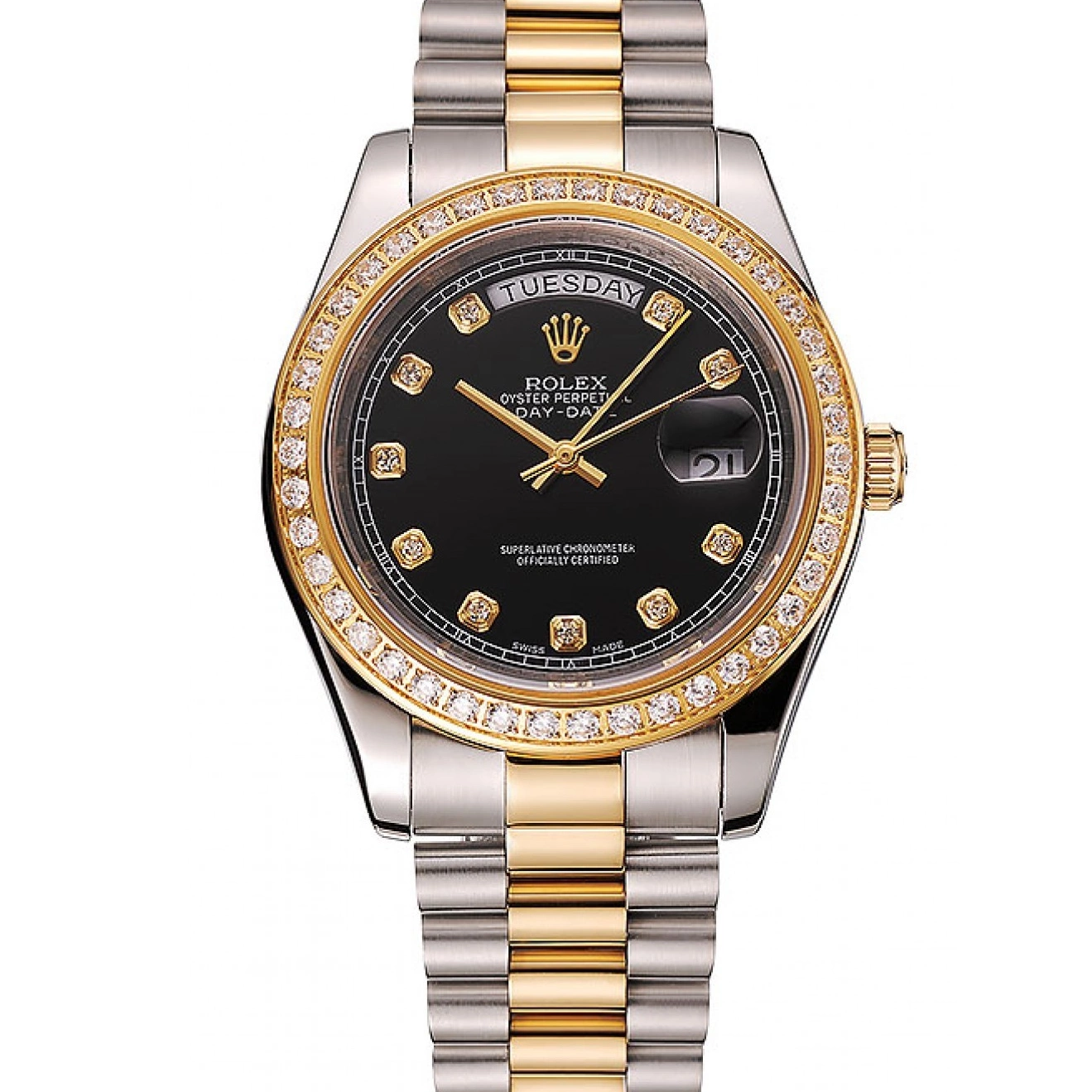 Aaa replica watch Tone 1453975 Two Dial Bracelet Gold Swiss Steel Stainless Rolex Black Diamond Day-Date Case 0218