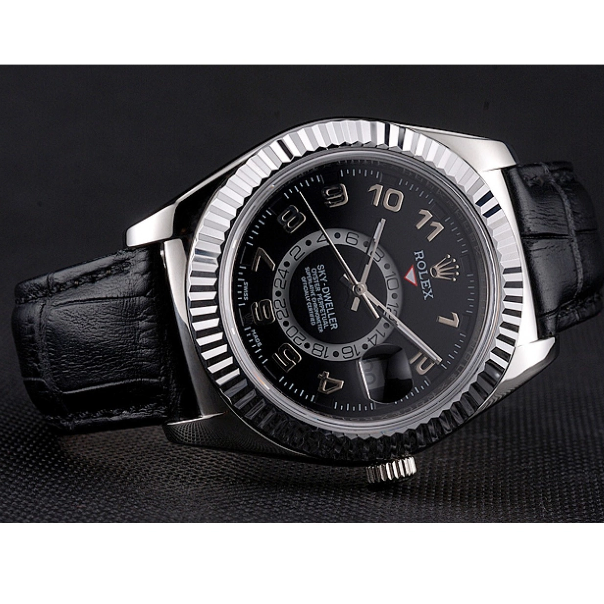 Aaa replica watch Black Stainless Black Leather Dweller Steel Dial Strap Rolex Sky Case 0213