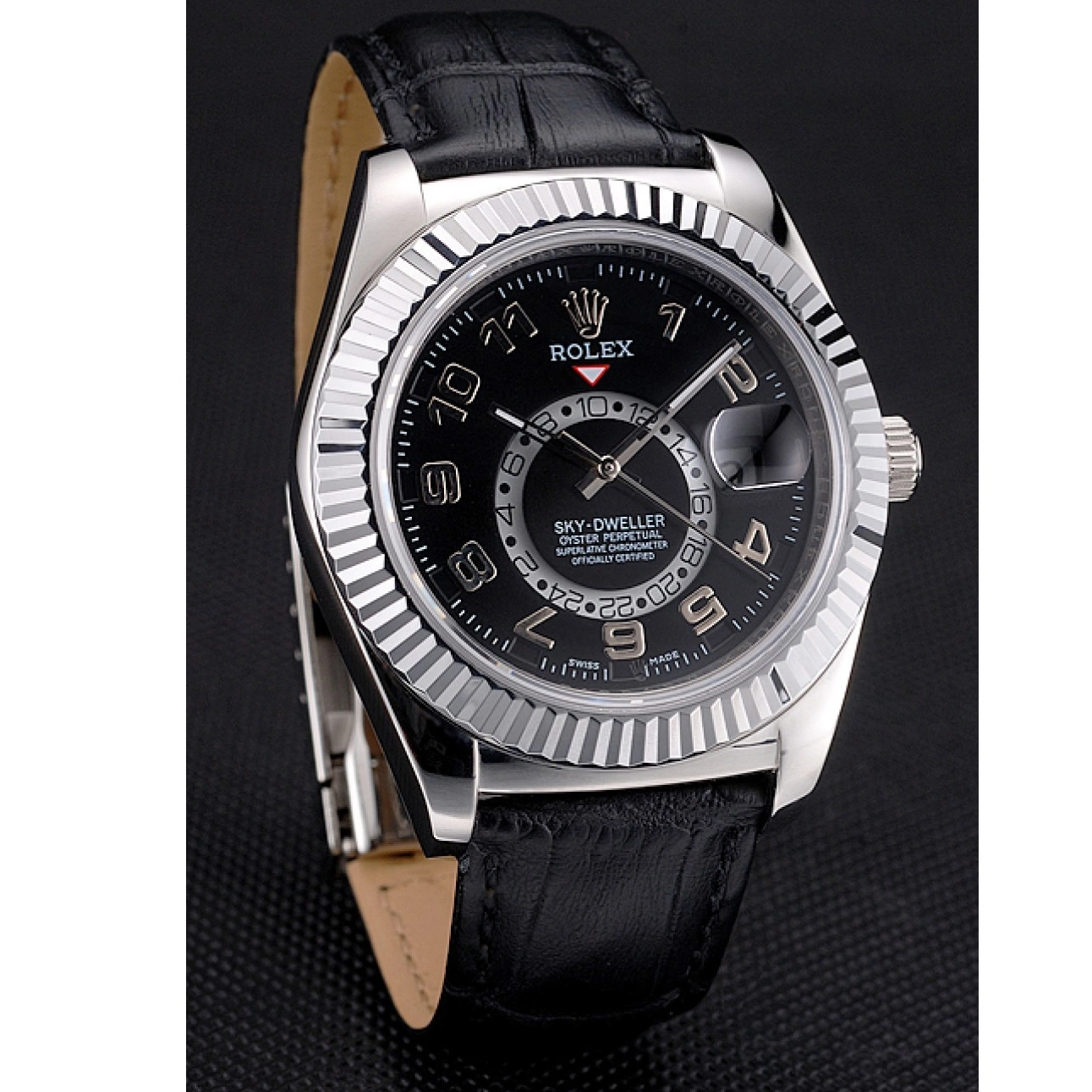 Aaa replica watch Black Stainless Black Leather Dweller Steel Dial Strap Rolex Sky Case 0213