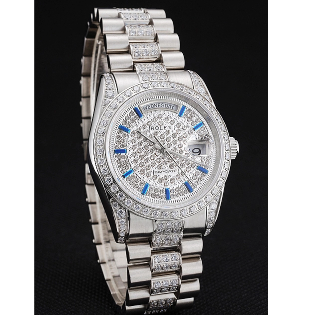 Aaa replica watch Stainless Day Dial And And Swiss Bezel Date Bracelet Steel Diamond Rolex Pave 0223