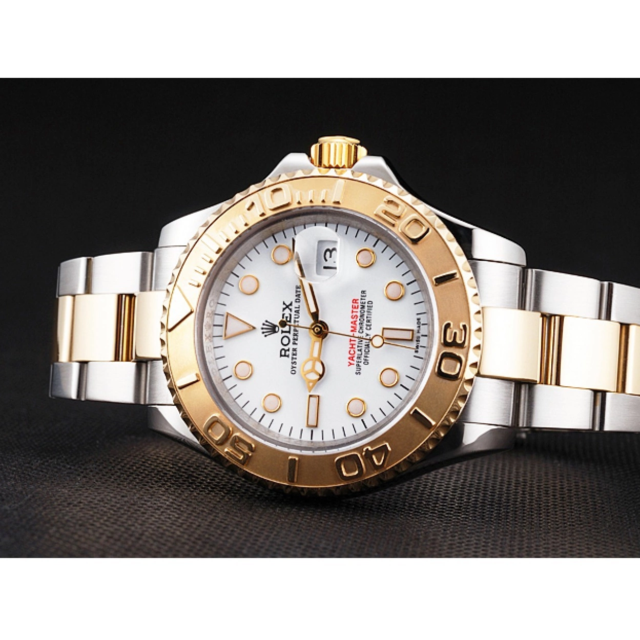 Aaa replica Bracelet Swiss Rolex Bezel Gold Tone White Case Dial Stainless Two Yacht-Master Steel 0215