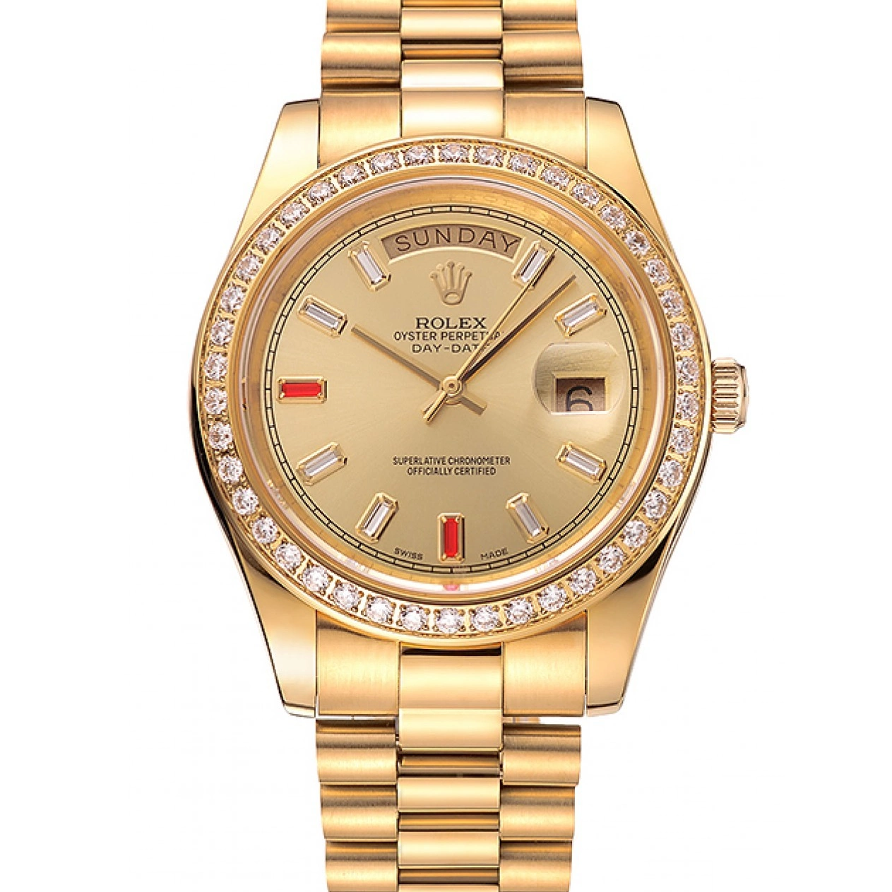 Aaa fake watches Rolex Champagne Dial Gold Swiss And Day-Date Bracelet Rubies Diamonds 1454100 0214