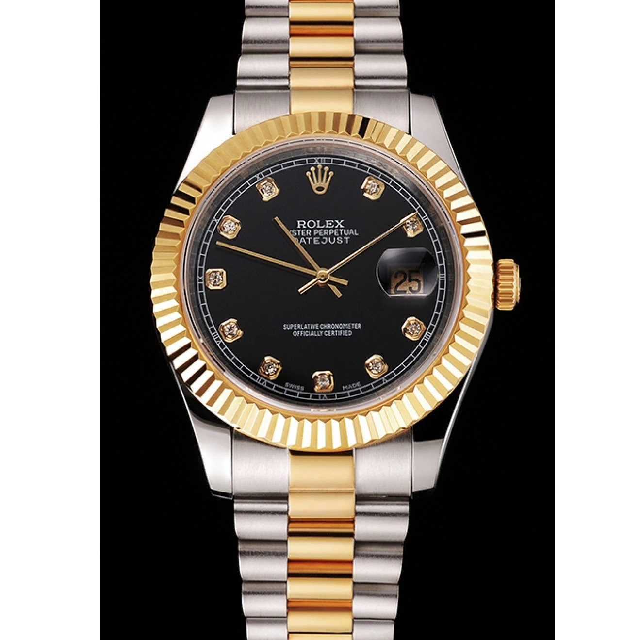 Aaa replica Black Swiss Bezel Bracelet Case Rolex Stainless Dial Gold Two Datejust Steel Tone 0219