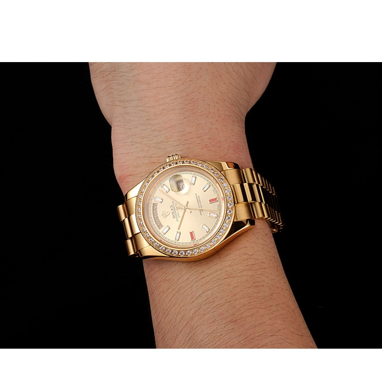 Aaa fake watches Rolex Champagne Dial Gold Swiss And Day-Date Bracelet Rubies Diamonds 1454100 0214