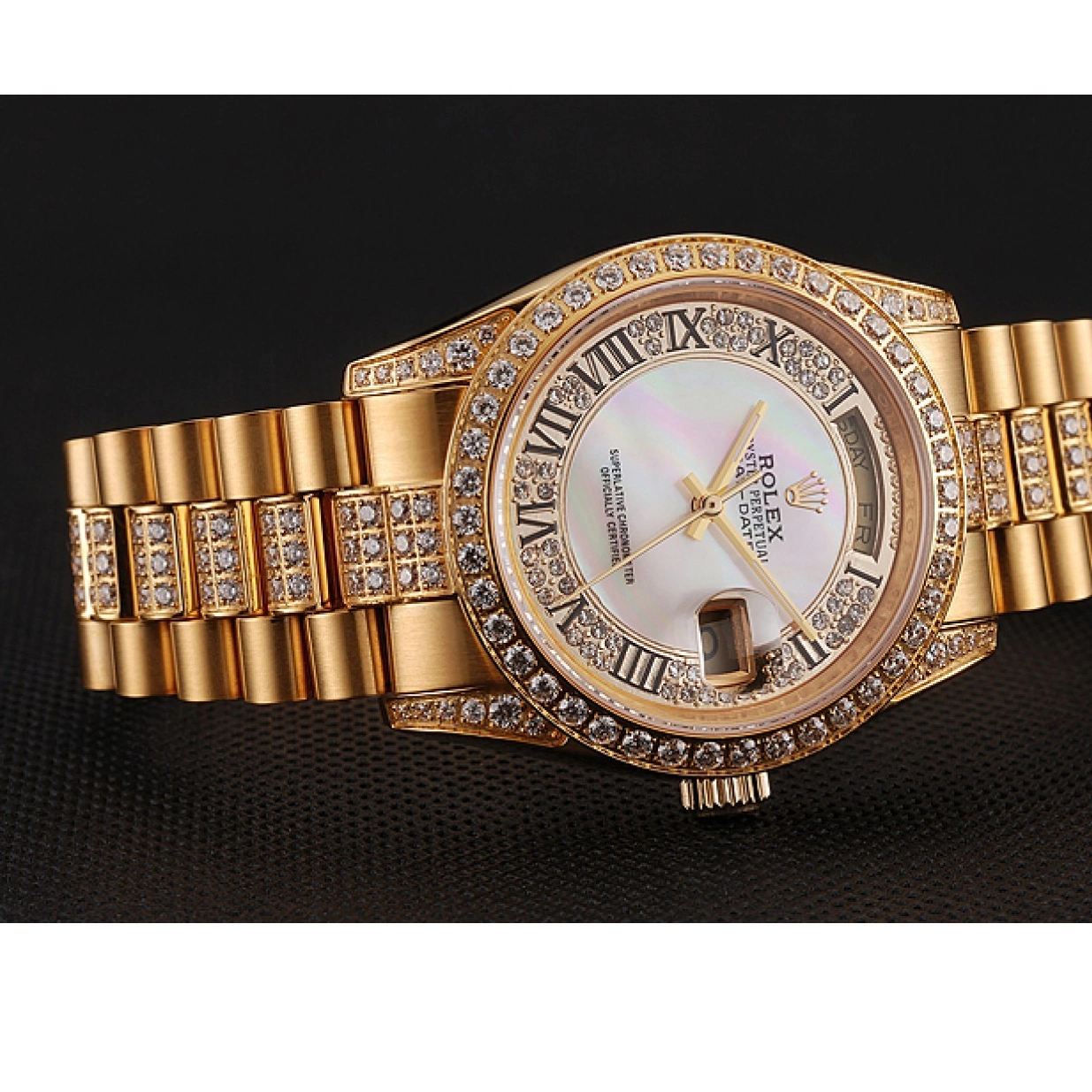 Aaa replica Diamond Rolex Day-Date Dial Diamond Bracelet Swiss White 1453958 Gold Pave 0218