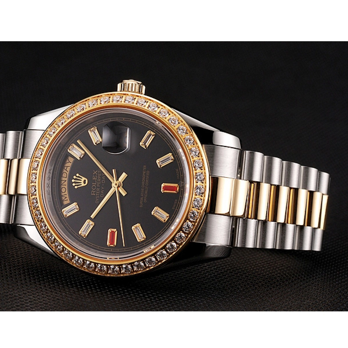 Aaa replica And Swiss Tone Black Rubies Two Bracelet Diamonds Dial Rolex 1454105 Day-Date 0224