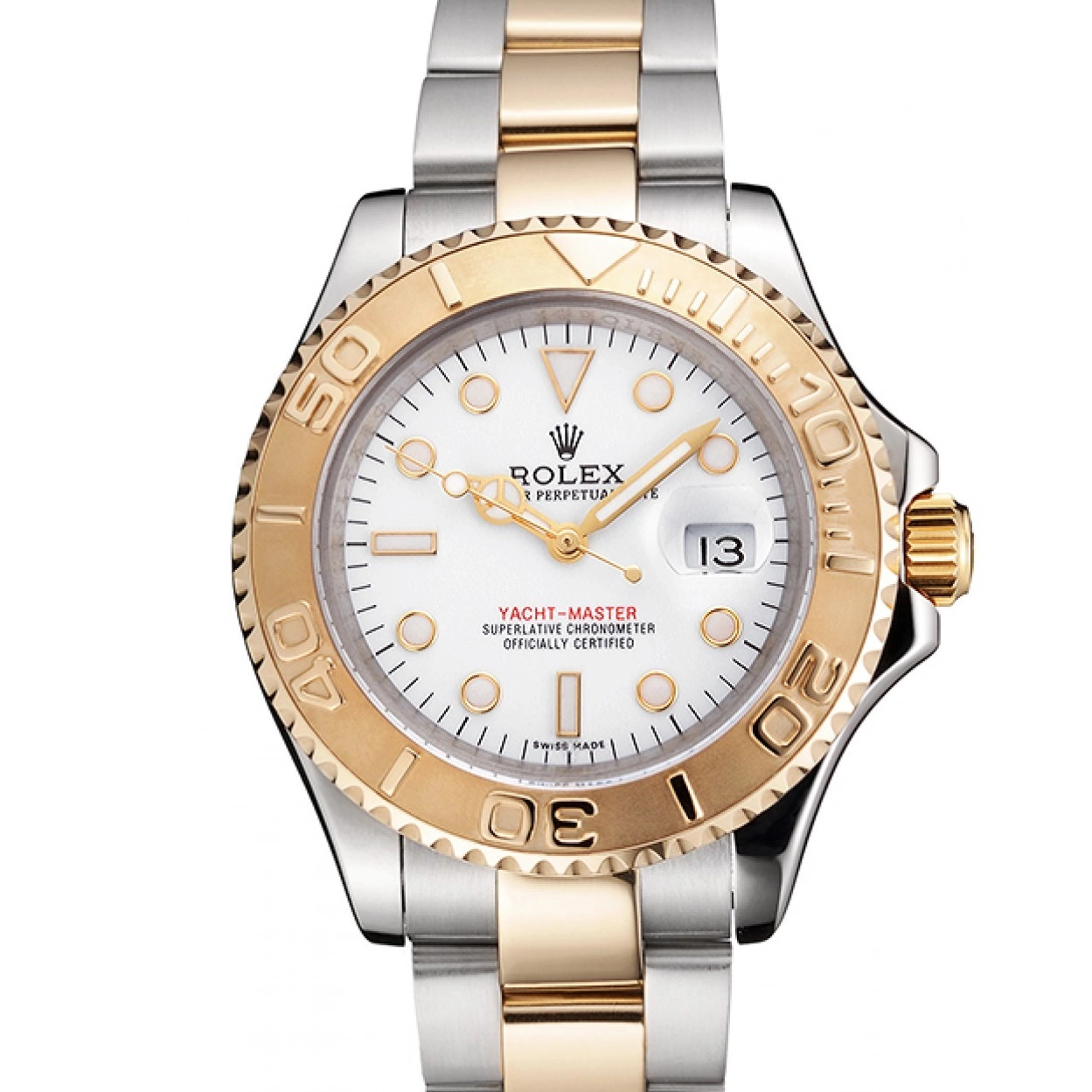 Aaa replica Bracelet Swiss Rolex Bezel Gold Tone White Case Dial Stainless Two Yacht-Master Steel 0215