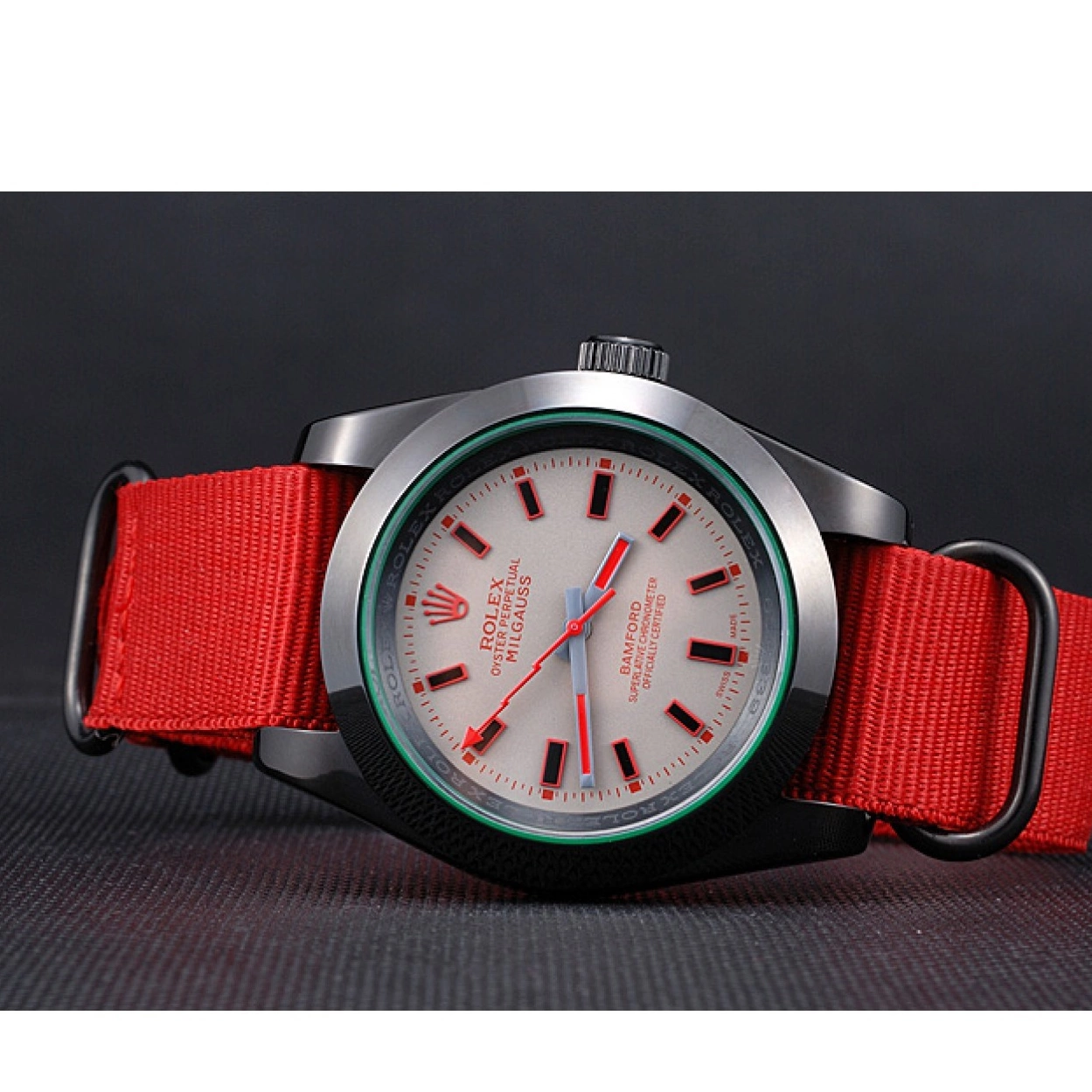 Aaa fake watches Rolex Milgauss Nylon Bamford 622002 Red Strap 0218