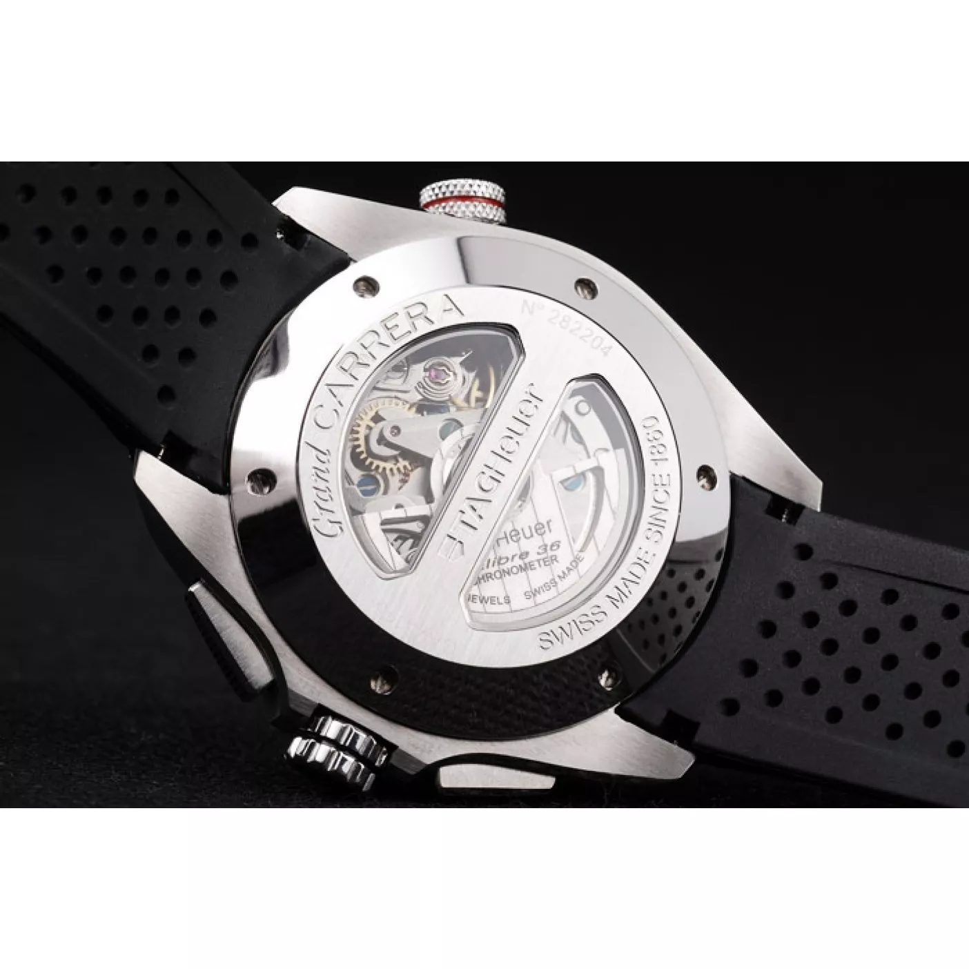 Aaa replica Tag Heuer Swiss Carrera Tachymeter Bezel Perforated Black Rubber Strap White Dial 0203