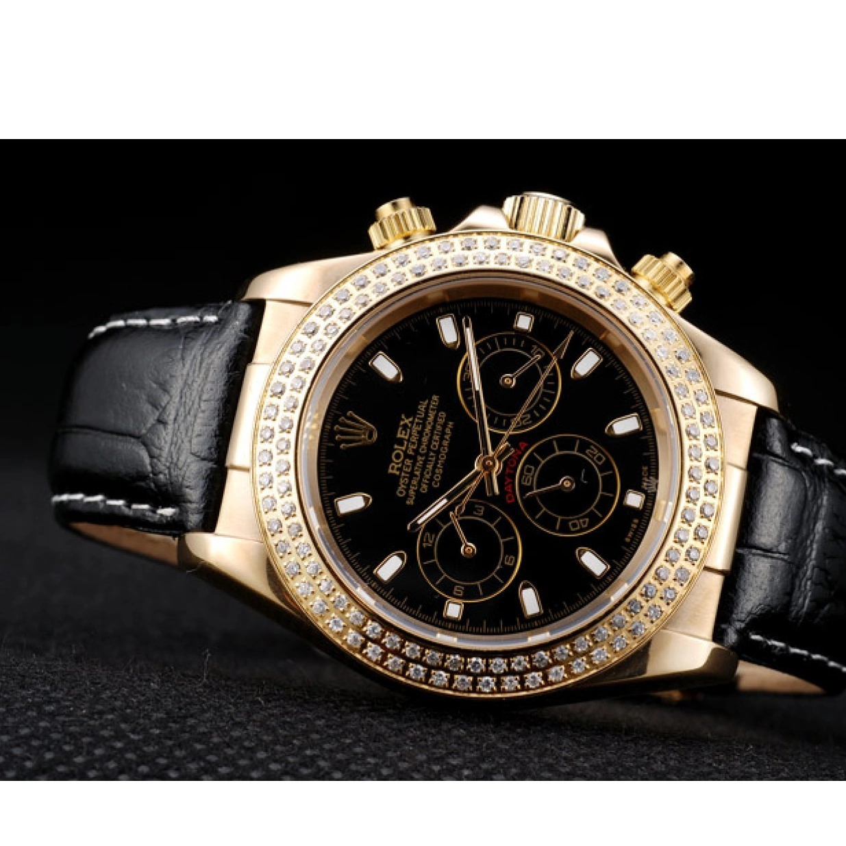 Aaa replica watch Gold Dial Daytona Black Rolex Case Studded Bezel Crystal 0210