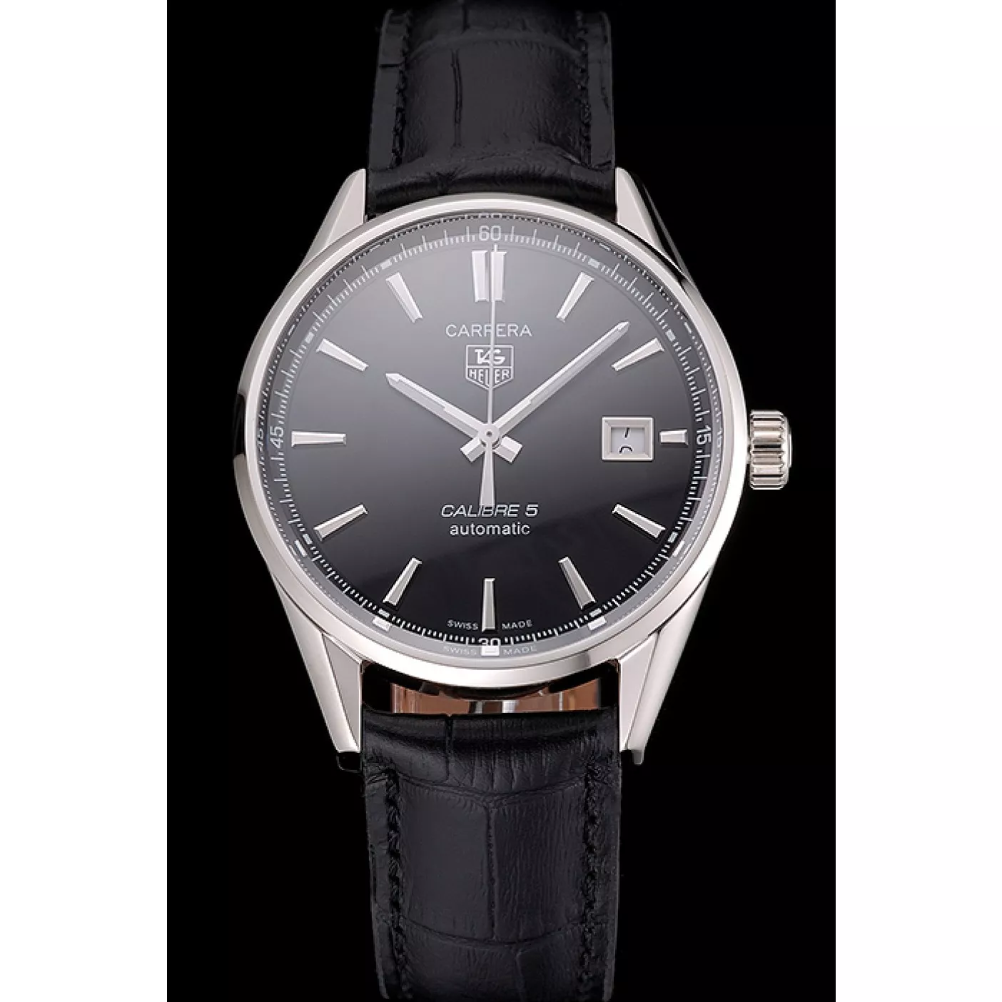 Aaa replica watch Swiss Tag Heuer Carrera Calibre 5 Black Dial Stainless Steel Case Black Leather Strap 0203