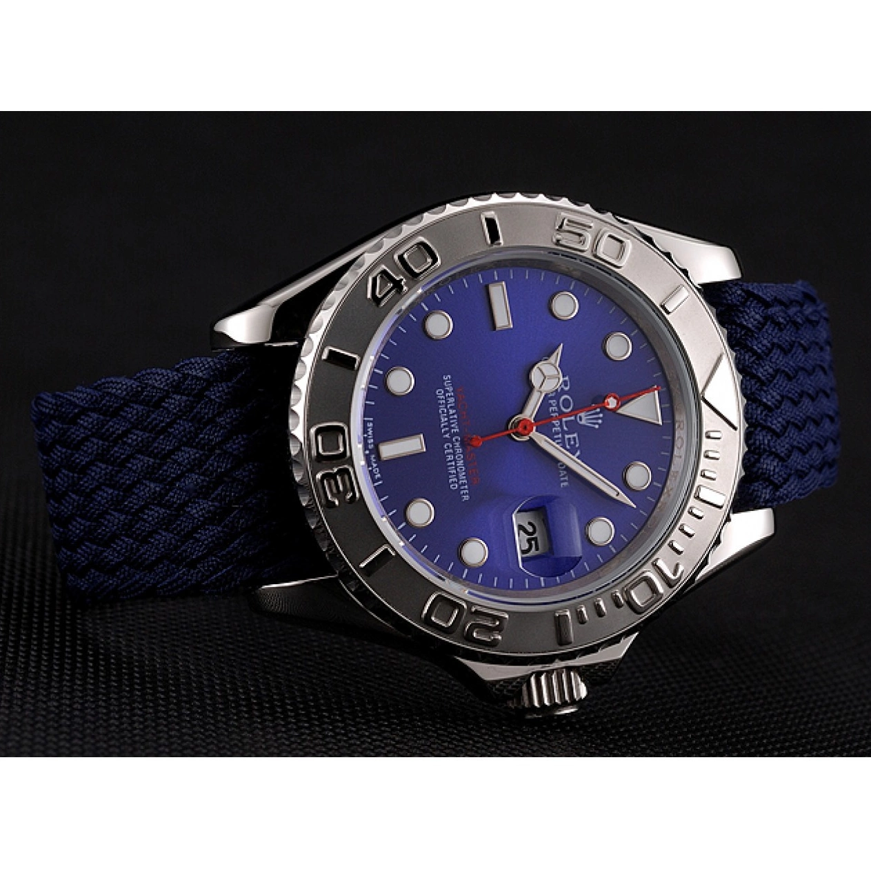 Aaa replica Master Rolex Dial 1453868 Blue Fabric Yacht Bracelet Blue 0214