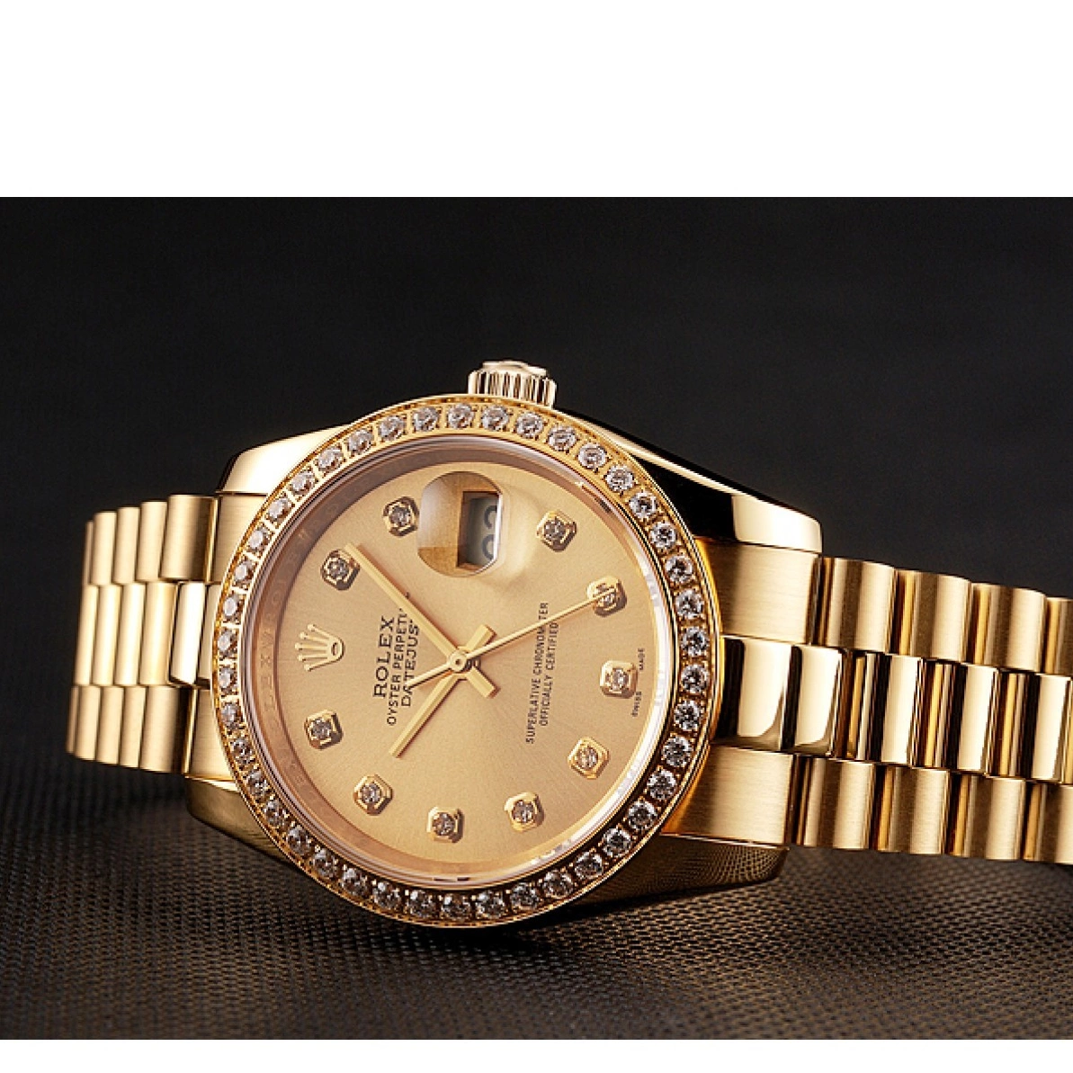 Aaa replica Swiss Gold 1454097 Datejust Champagne Bezel Dial Rolex Diamond Bracelet 0218