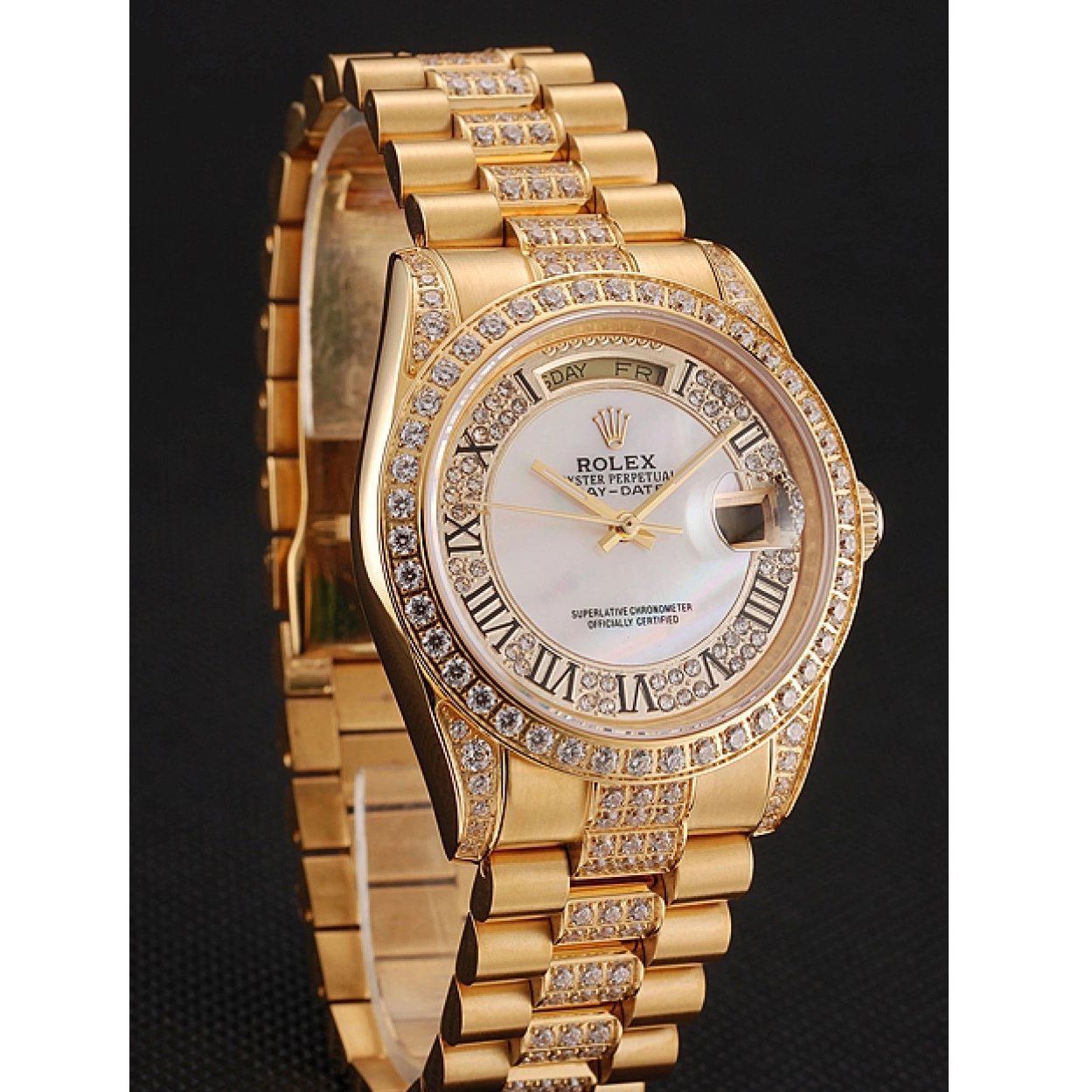 Aaa replica Diamond Rolex Day-Date Dial Diamond Bracelet Swiss White 1453958 Gold Pave 0218